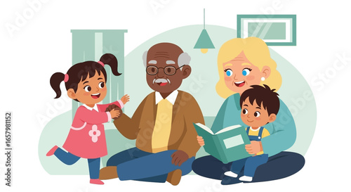 Diverse grandparents reading a storybook to their happy grandchildren, showing family bonding, education, and joy. Perfect for lifestyle and learning concepts.