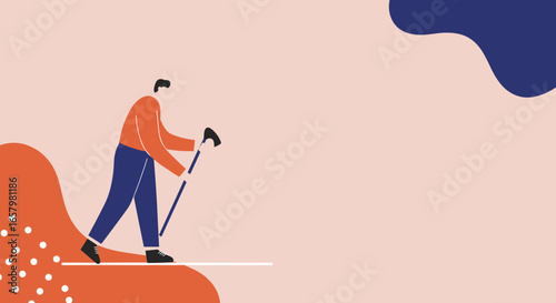 A man uses a walking stick to navigate a challenging path, symbolizing support, progress, and overcoming obstacles in personal journeys or business challenges.