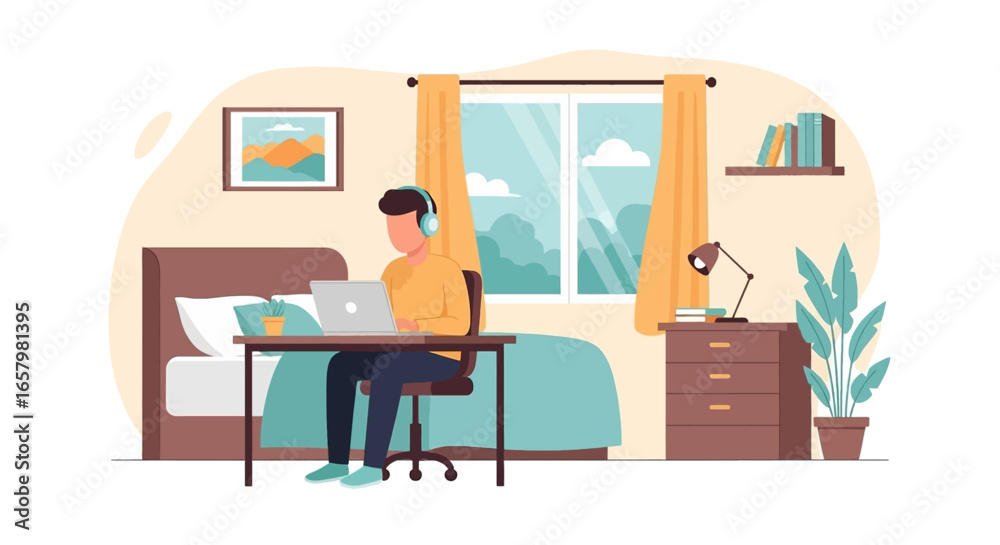 Fototapeta premium Young person working remotely on a laptop at home, wearing headphones for focused productivity. Ideal for modern lifestyle, remote work, and online education concepts.