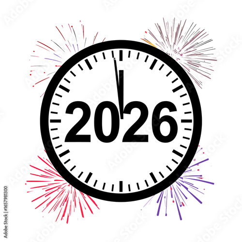 New Year 2026 Clock with Fireworks Display