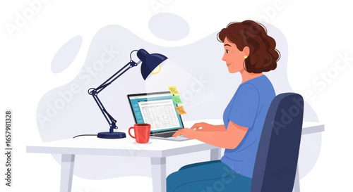 Woman working diligently on laptop at a home office desk, demonstrating remote productivity and online learning or business concepts.