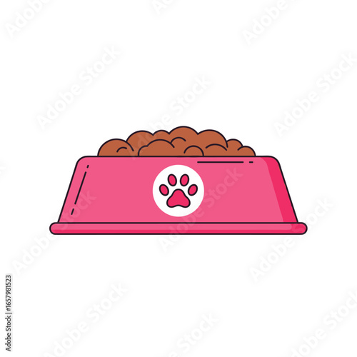 Pet food bowl filled with kibble and paw print emblem on a white background