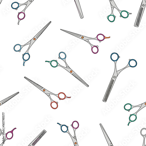 A pattern of assorted hairdressing scissors and combs displayed on a white background illustrating professional styling tools