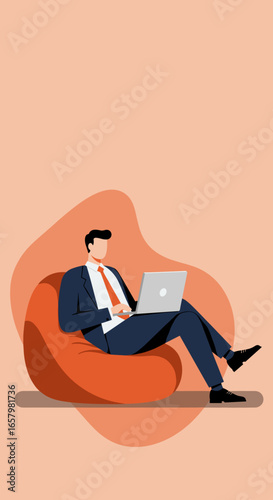 Businessman comfortably works on laptop from a bean bag chair. Ideal for flexible work, remote office, home business, or digital nomad concepts.