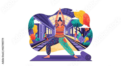 Vibrant illustration of a person finding balance in a yoga pose on a mat in a colorful, abstract subway station, symbolizing urban wellness and mindful living.