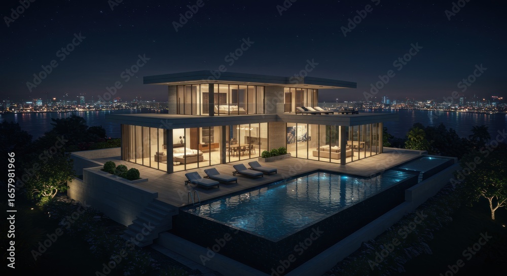 Obraz premium Modern villa at night with pool overlooking the city