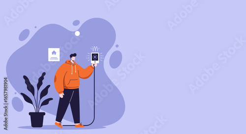 Man using smart home technology for automation or security, connecting a device in a modern house setting. Ideal for digital lifestyle and IoT concepts.