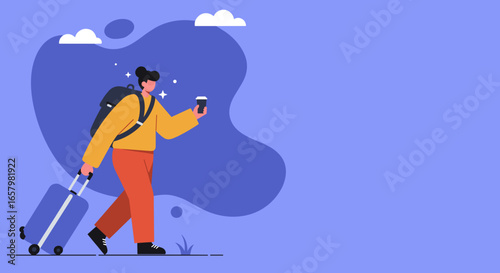 Vibrant illustration of a person traveling with luggage and coffee. Represents solo adventure, business trips, or a fresh start. Ideal for travel, lifestyle, or business concepts.