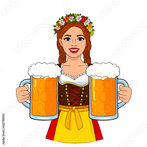 Oktoberfest Girl Holding Beer Mugs with Flower Crown and Traditional Dress