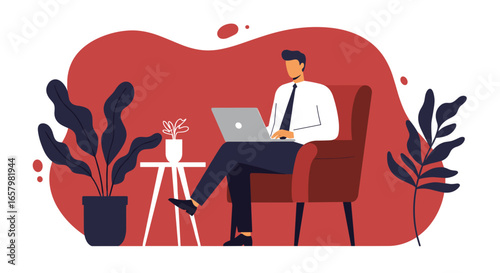 Professional man working remotely on laptop from a comfortable armchair at home. Ideal for business, telecommuting, or modern lifestyle concepts.