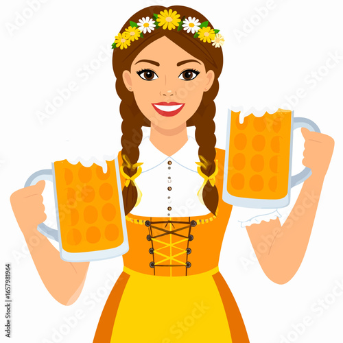 Oktoberfest Girl with Beer Mugs, Braids, and Flower Crown, Smiling
