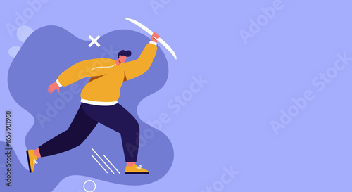 A dynamic illustration of a man launching a projectile, symbolizing forward movement, innovation, success, and achieving goals. Ideal for business, technology, or motivational concepts.
