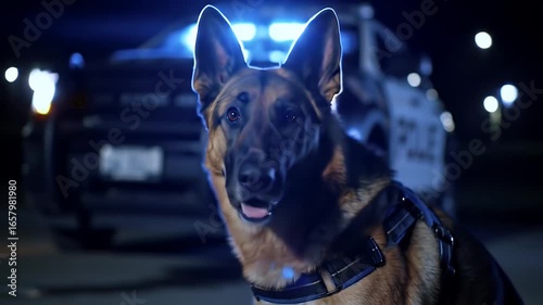 German Shepherd in Harness with Police Car at Night with Flickering Street Lights Blurred Background