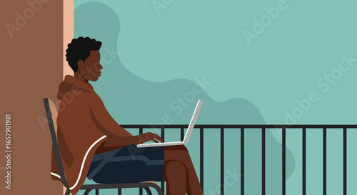 Young man works remotely on laptop from a balcony, enjoying a flexible lifestyle. Ideal for remote work, digital nomad, or travel themes.
