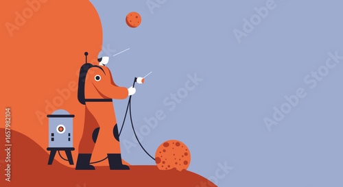 Astronaut in an orange suit explores a red planet, representing future space colonization, scientific discovery, and interplanetary missions.