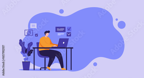 A man diligently works on his laptop at a desk, surrounded by digital task management elements, symbolizing online productivity and efficient remote work.