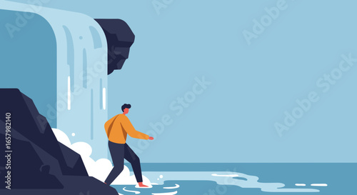 Man explores a serene waterfall, symbolizing a journey of discovery, calm, and embracing new paths in nature. Ideal for travel or lifestyle.