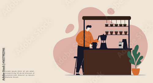 Man preparing coffee at a modern cafe stand. Ideal for concepts of coffee culture, small business, hospitality, and daily routines.
