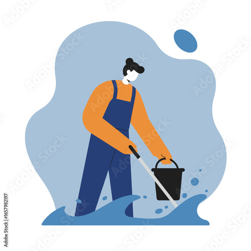 Professional in overalls actively removing water with a bucket, representing flood damage cleanup, property maintenance, or environmental service.