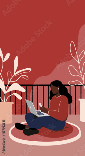 Woman working or studying from a cozy home balcony with laptop and phone, embracing remote lifestyle and digital connectivity.