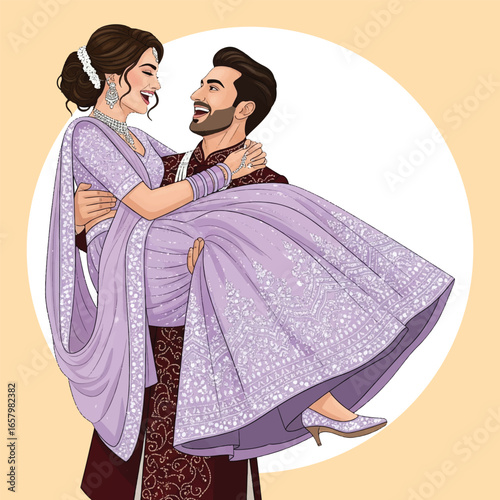 Romantic Indian Couple in Traditional Attire – Groom Carrying Bride Vector Illustration