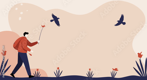 Man with backpack enjoying a peaceful walk in nature, holding a flower. Ideal for travel, lifestyle, outdoor adventure, and wellness concepts.
