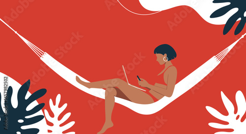 Relaxing in a hammock, a woman multitasks with a laptop and phone, symbolizing remote work, digital lifestyle, and tropical escape.