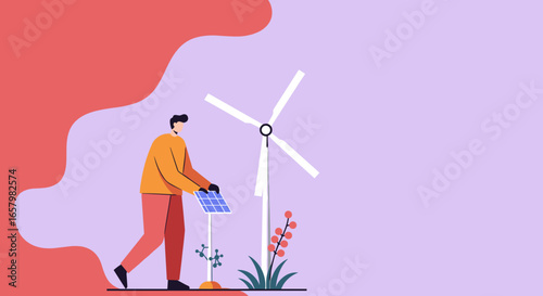 Illustration of a person engaging with renewable energy sources like a solar panel and wind turbine, symbolizing a sustainable future and environmental responsibility.