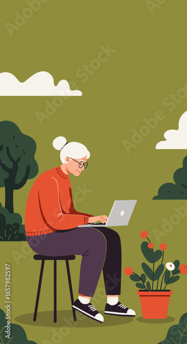 Elderly woman focused on her laptop outdoors, embracing technology and remote connection in a peaceful garden setting. Ideal for themes of active retirement and modern seniors.