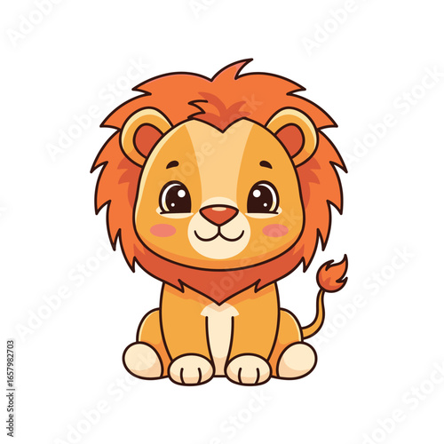 Adorable little lion cub sitting proudly with a full mane and a friendly smile