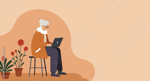 Elderly woman comfortably using a laptop at home, embracing technology for learning or connection. Concept of digital literacy and active senior lifestyle.