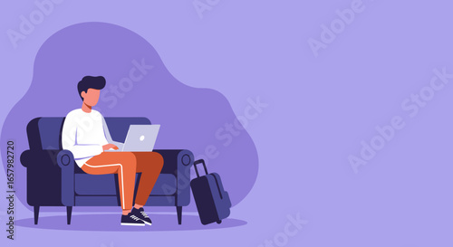 Man on a sofa using a laptop with luggage, illustrating remote work, travel, or a digital nomad lifestyle. Ideal for concepts of connectivity and flexibility.