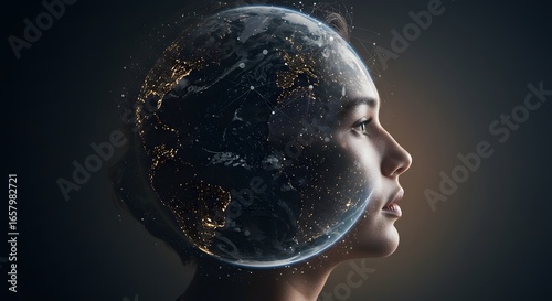 Double exposure of business woman with The World of Futuristic Internet Communication concept.Elements of this image furnished by NAS