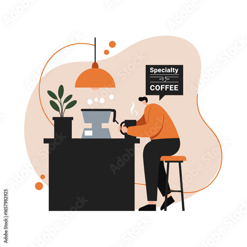 Man enjoying a warm cup of specialty coffee in a modern, cozy cafe or home setting. Perfect for lifestyle, break, or daily routine concepts.