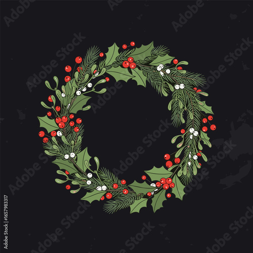 A beautifully hand drawn festive christmas wreath with holly mistletoe and berries adorning a dark textured background