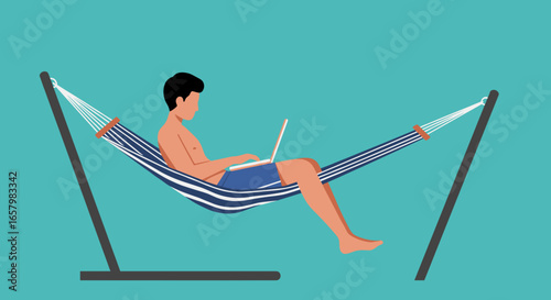 Man working on a laptop in a hammock, illustrating remote work, relaxation, and flexible lifestyle. Ideal for business, travel, or leisure concepts.