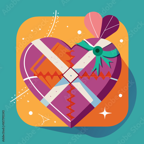 Illustration of a heart shaped gift box with ribbon and bow for valentines day celebration and romantic love