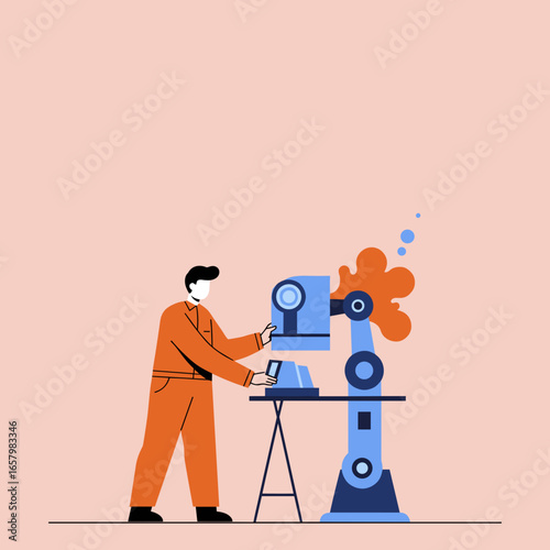 Engineer operating a robotic arm in an industrial setting, showcasing automation, innovation, and modern technology in manufacturing or scientific research.