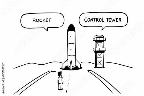 Illustration of a rocket and control tower with a person standing nearby