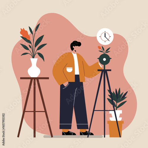 Person caring for indoor plants with a time-lapse setup. Illustrates home office life, plant care, productivity, or creative hobbies. Ideal for lifestyle, business, or nature themes.