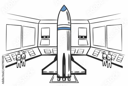 Illustration of a rocket inside a control room with people observing the rocket, ready for a space mission
