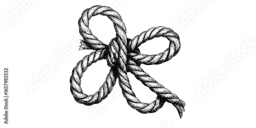 Hand drawn sketch of a strong brown twisted jute rope with a knotted loop isolated on white