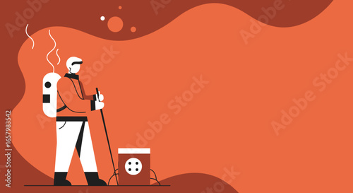 Professional pest control or sanitation worker in protective gear, using a sprayer for fumigation or disinfection services.