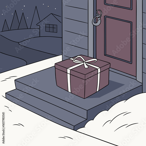 Vector art of a beautifully wrapped gift box sits on a doorstep in the snowy night, awaiting a special delivery for the holidays