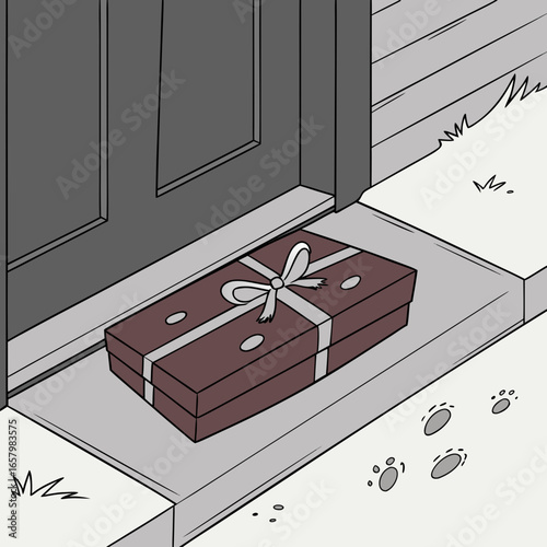 Vector art of a beautifully wrapped gift box sits on a doorstep in the grassy day, awaiting a special delivery for someone special