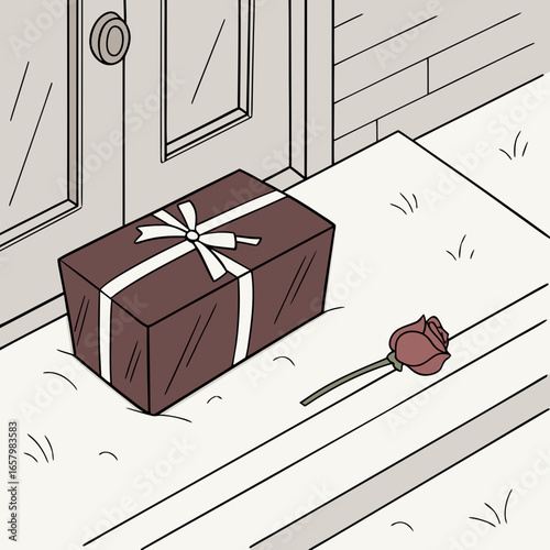 Vector art of a beautifully wrapped gift box and a single rose sit on a doorstep in the grassy day, awaiting a special delivery