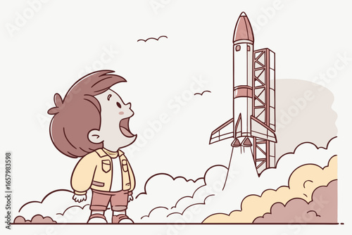 Vector art of a boy watches a rocket launch into space with wonder a symbol of curiosity, dreams, and the pursuit of knowledge