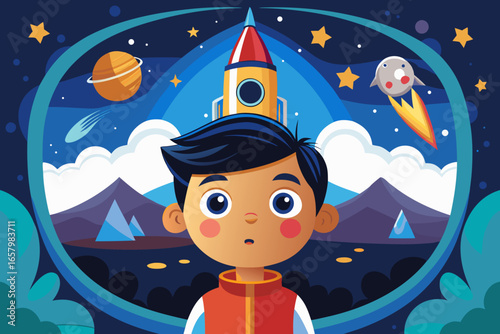 Vector art of a curious boy is framed by a cosmic scene with rockets, planets, and stars, inviting viewers into a world of space exploration