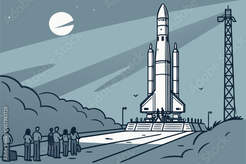 Vector art of a detailed illustration of a rocket launch site at night, with a group of people watching the impressive space vehicle