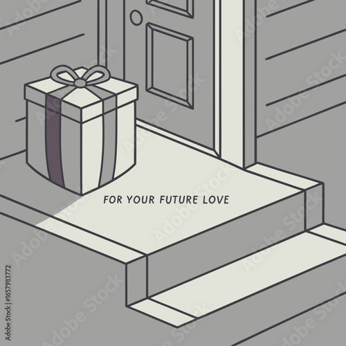 Vector art of a gift box with a tag that says for your future love sits on a doorstep, waiting to be discovered by its intended recipient